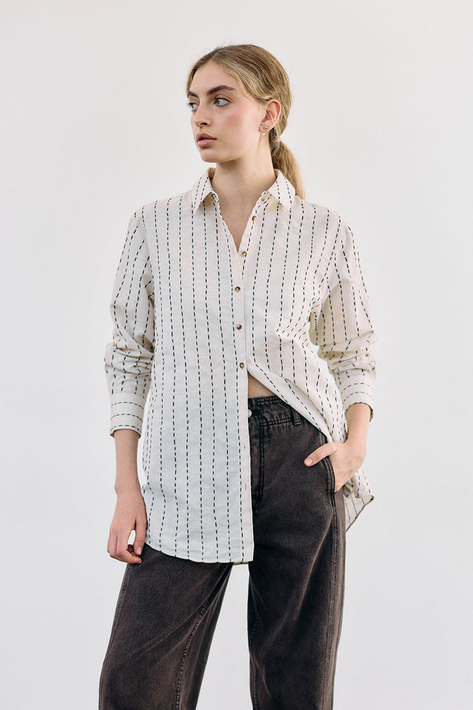 Contrast Stitching Cotton Blouse