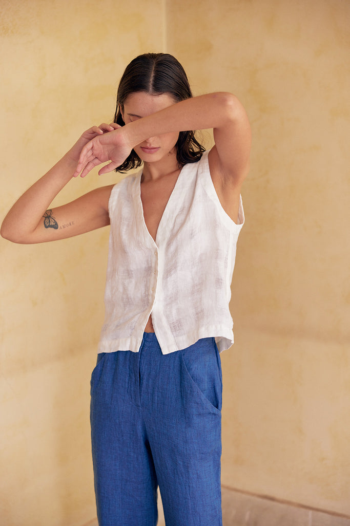 Buttoned Vest Top Washed Linen - Sal