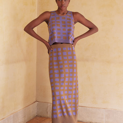 Hand-Drawn Grid Pattern Knitted Skirt Pima Cotton - Jacinto/Musgo