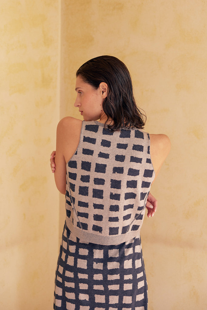 Hand-Drawn Grid Pattern Knitted Top Pima Cotton - Azul/Crema