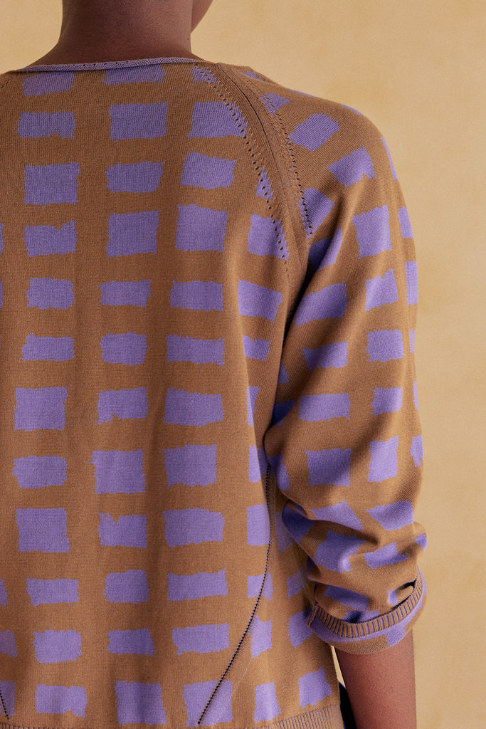 Hand-Drawn Grid Pattern V-Neck Sweater Pima Cotton - Jacinto/Musgo