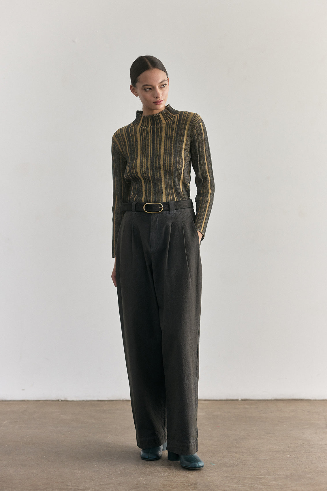 Top Medio Cuello Tejido Surcos Algodón Pima - Pizarra/Trigo