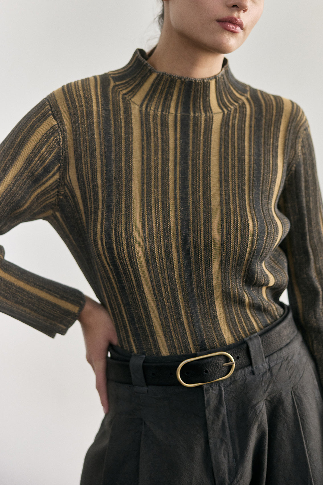 Top Medio Cuello Tejido Surcos Algodón Pima - Pizarra/Trigo