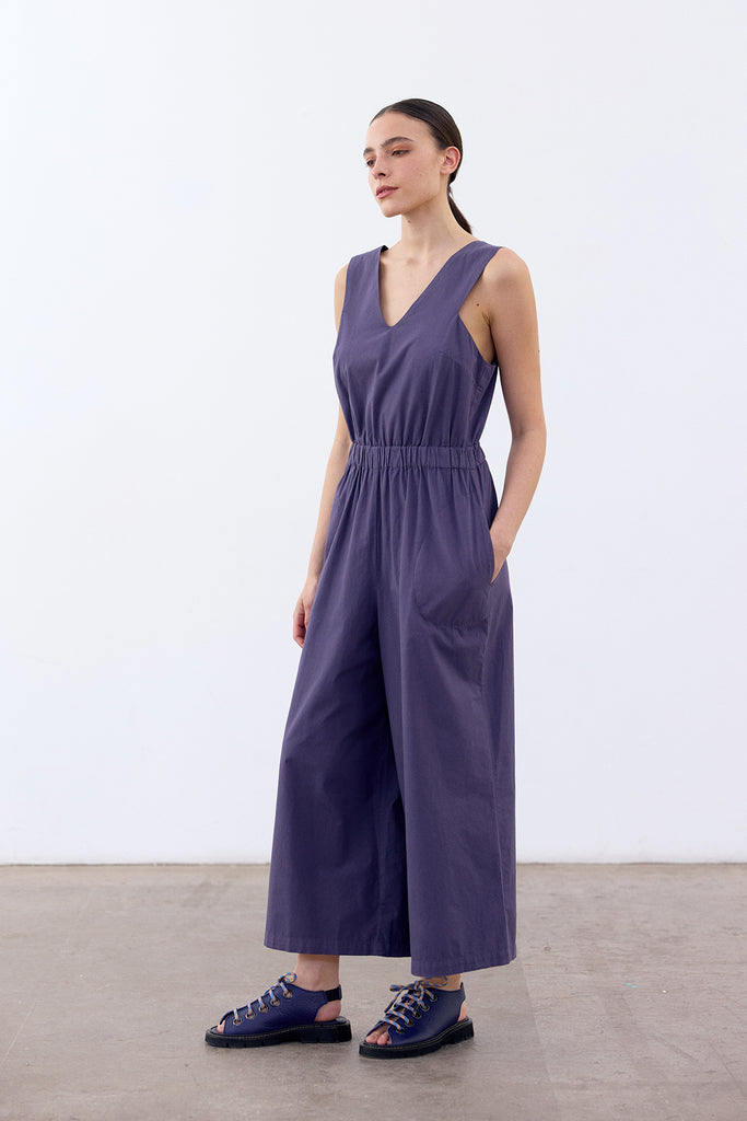 Open Back V-Neck Jumpsuit Cotton - Arándano