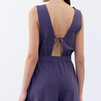 Open Back V-Neck Jumpsuit Cotton - Arándano