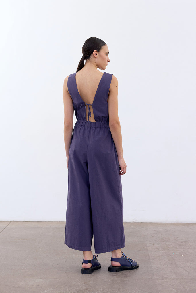 Open Back V-Neck Jumpsuit Cotton - Arándano