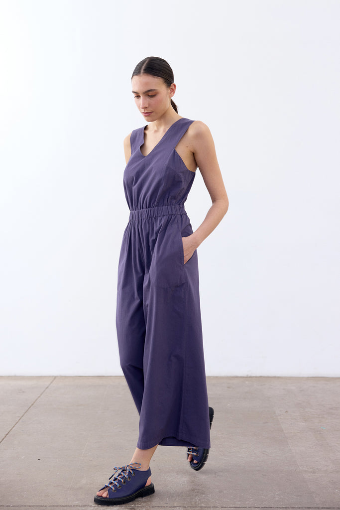 Open Back V-Neck Jumpsuit Cotton - Arándano