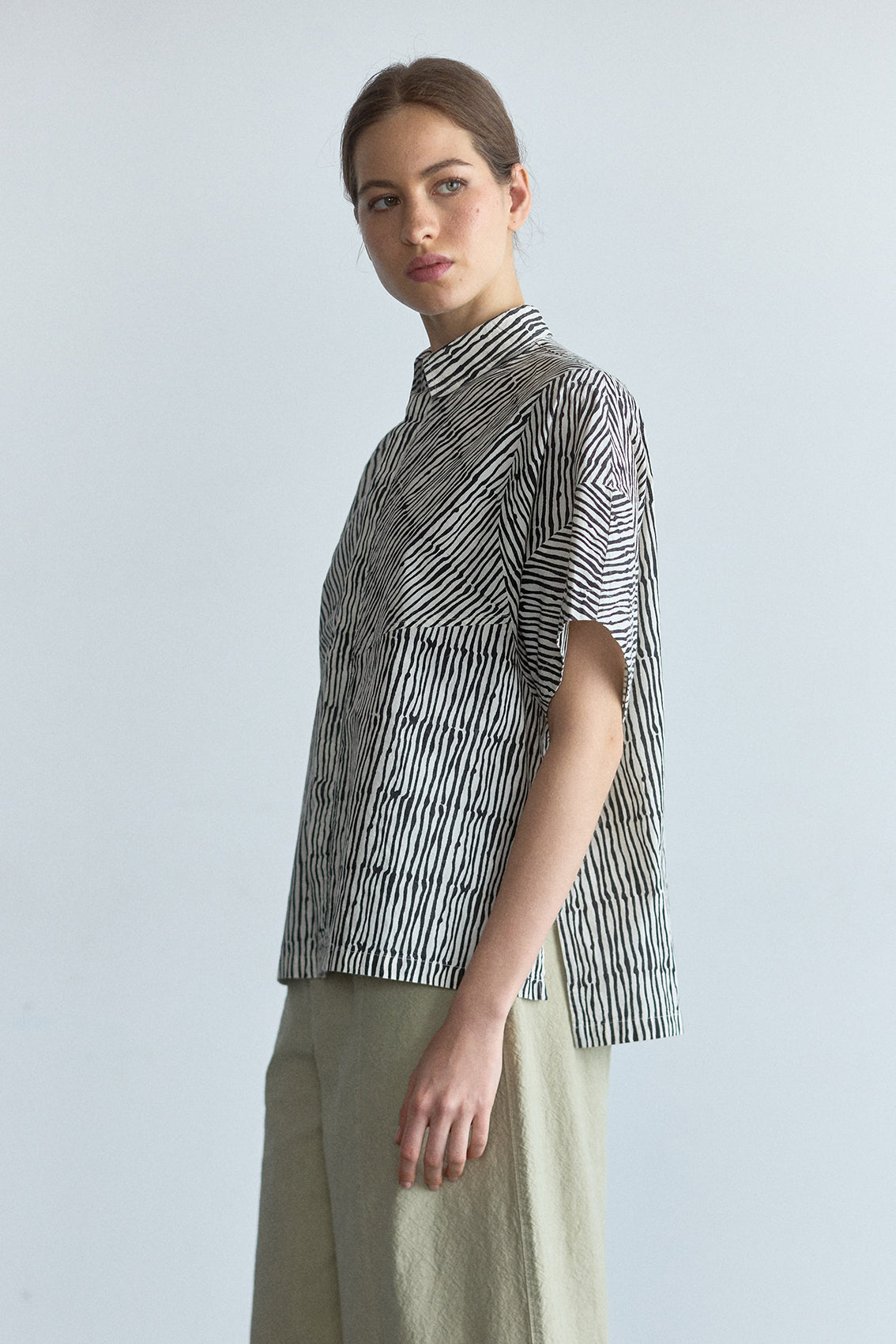 Blusa Manga Corta Algodón Block Print - Rayas