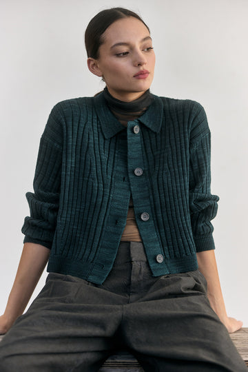 Merino Wool Collared Cardigan - Lake
