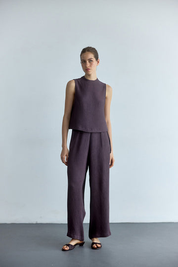 Pantalón Recto Plegado - Berenjena