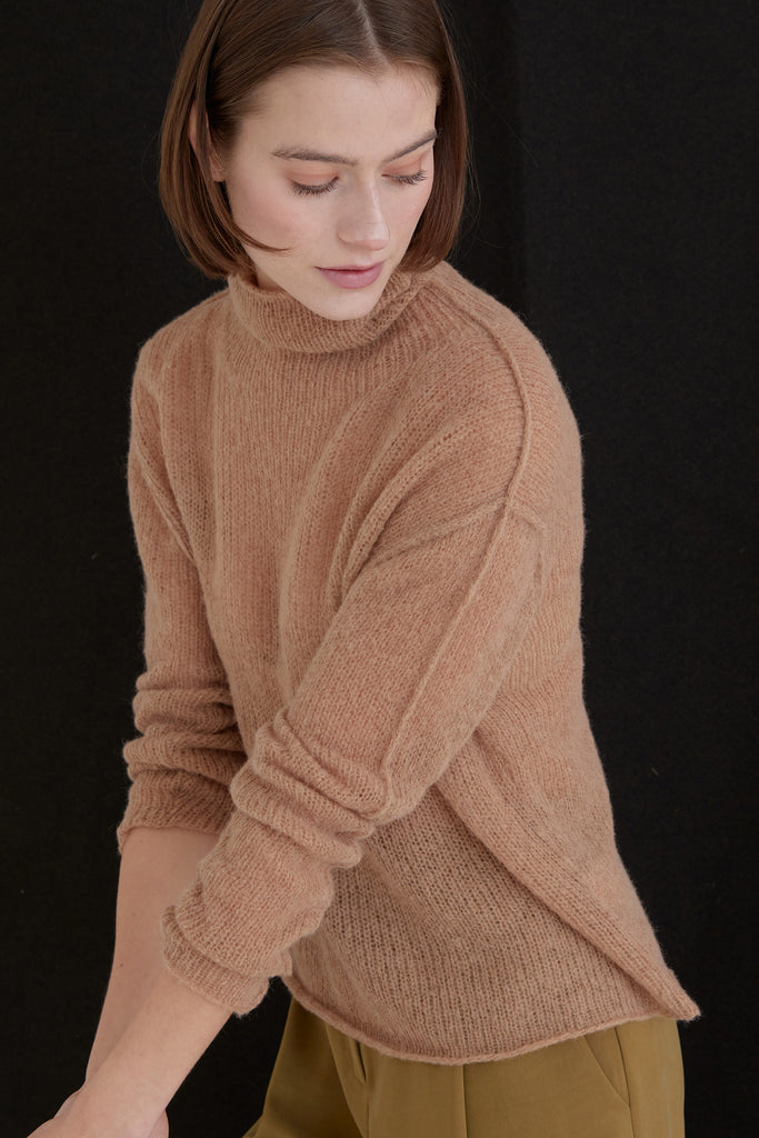 Sheer Knit Roll Neck Sweater Baby Alpaca - Almendra