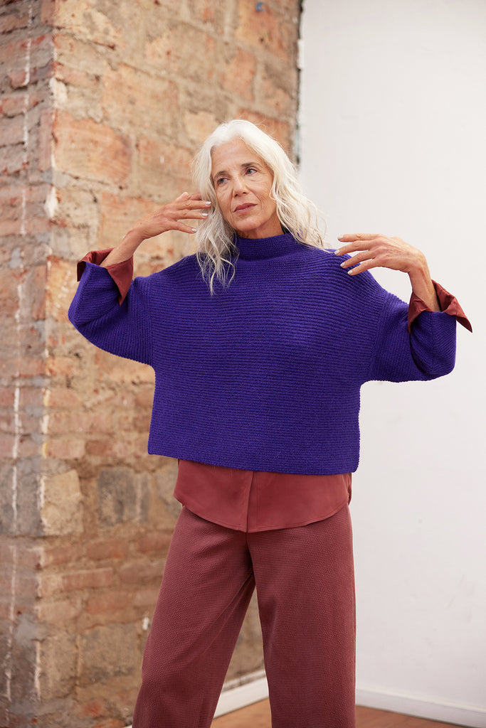 Horizontal Knit Funnel Neck Alpaca Sweater - Uva