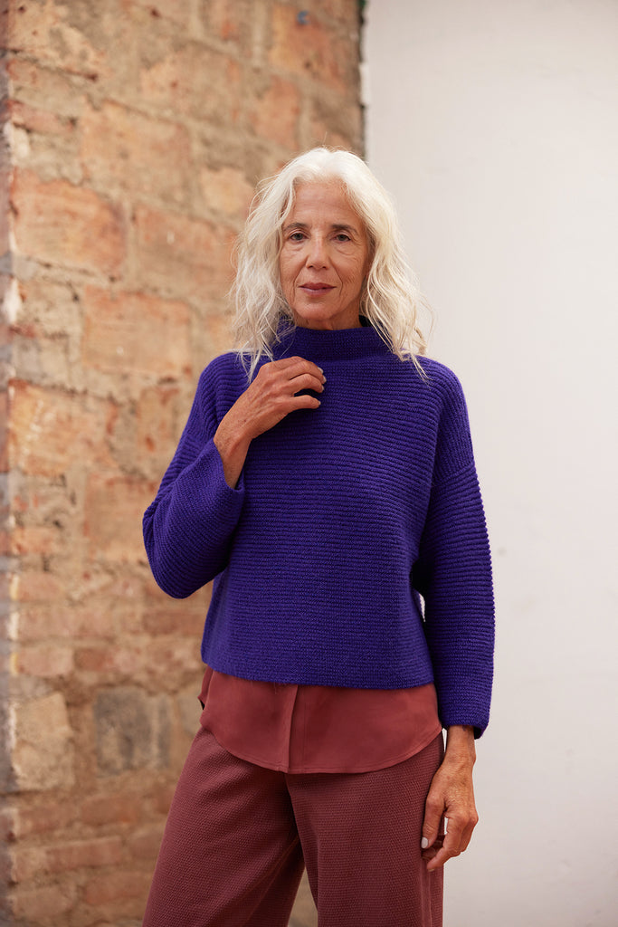 Horizontal Knit Funnel Neck Alpaca Sweater - Uva