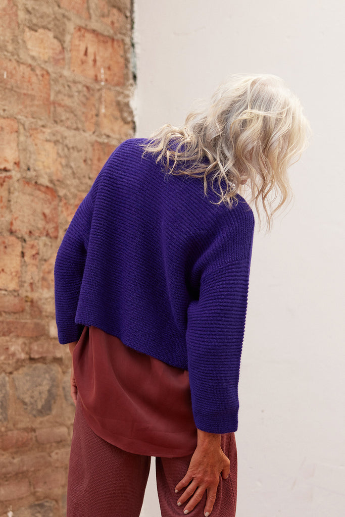 Horizontal Knit Funnel Neck Alpaca Sweater - Uva