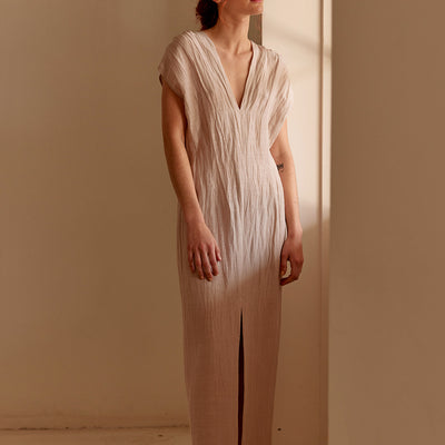 V-Neck Textured Silk/Linen Long Dress - Arena