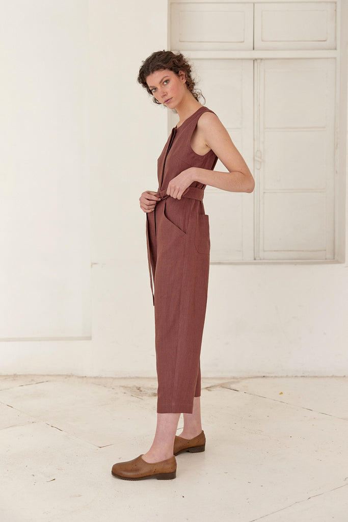 Tie-Waist Sleeveless Linen Jumpsuit - Higo