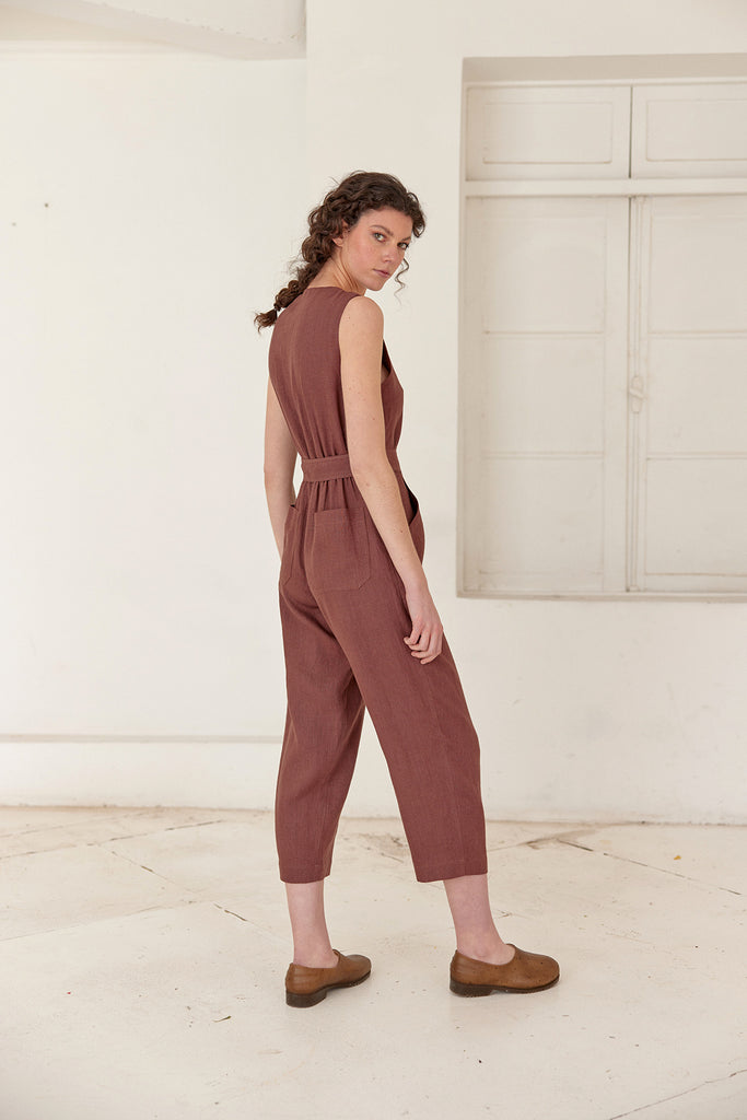 Tie-Waist Sleeveless Linen Jumpsuit - Higo