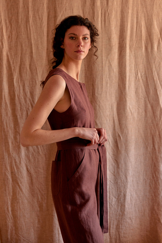 Tie-Waist Sleeveless Linen Jumpsuit - Higo