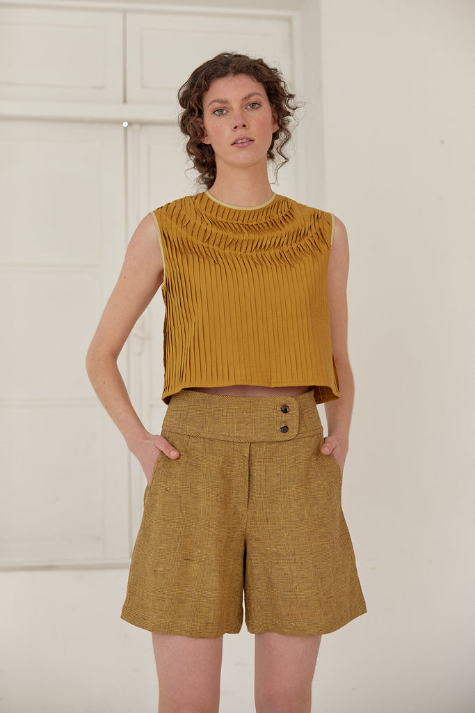 Short Tiro Alto Lino - Ocre Cuadrillé
