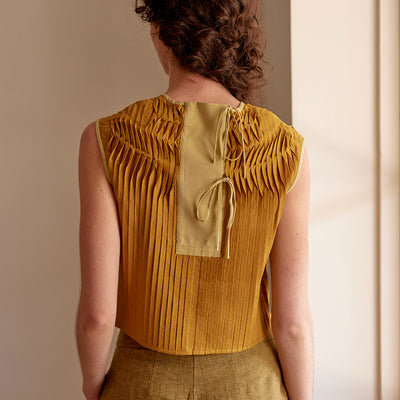 Tie-Back Pleated Cotton Top - Ocre