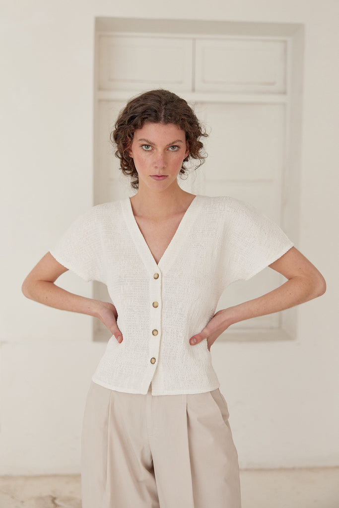 V-Neck Buttoned Smocked Top - Sal