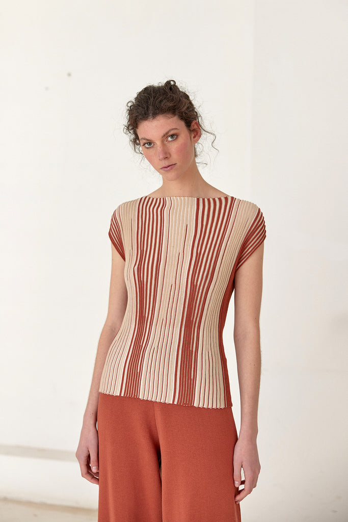 Contrast Ribbed Knitted Top - Crema/Coral
